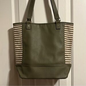 JEWELL by Thirty-One Striped Block Tote Bag Olive & Cream Interior